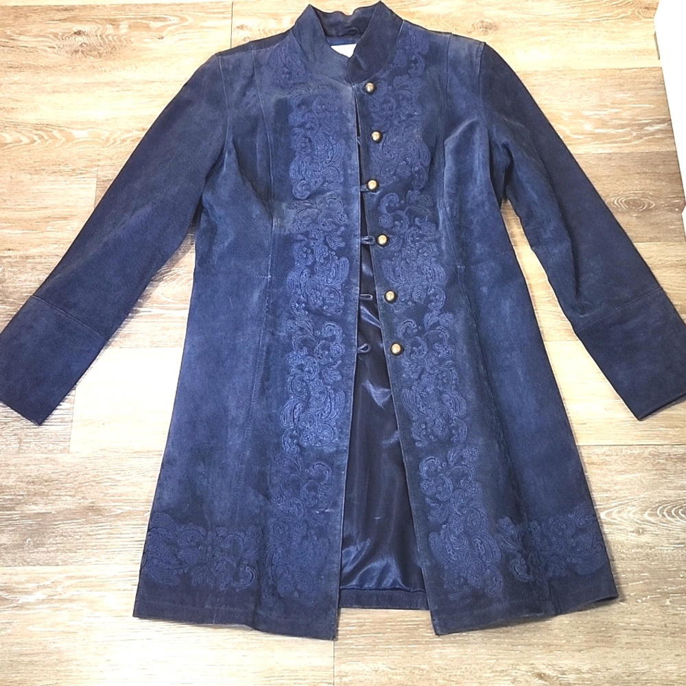 Alice Blue Vintage 60's Dark Blue Suede Neru Collar Embossed Brass Butto… - Picture 4 of 14